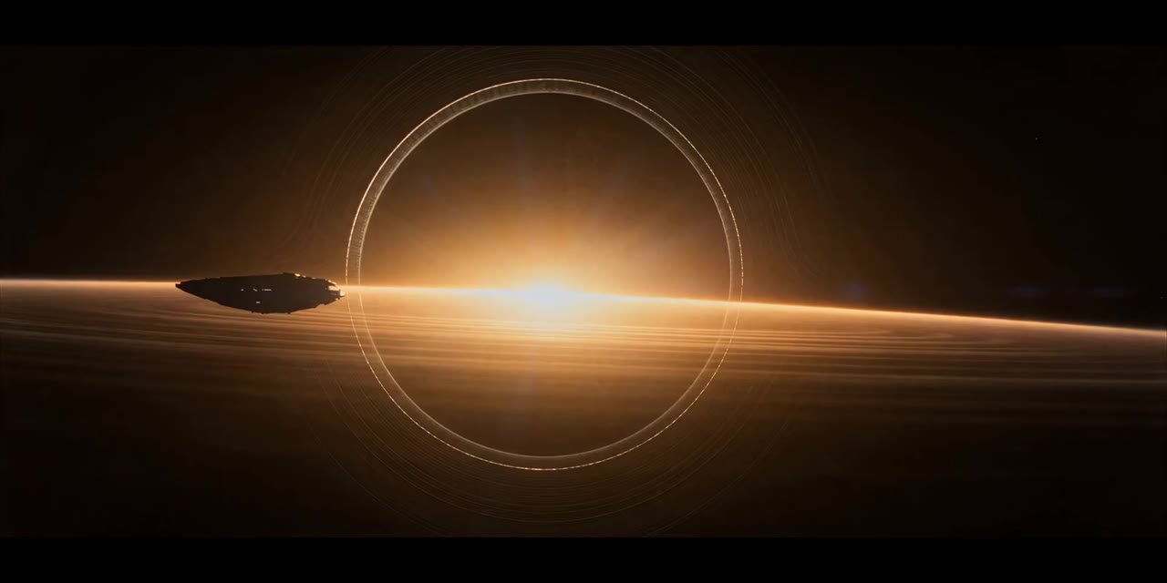 A ship crossing a sunlit orbital ring
