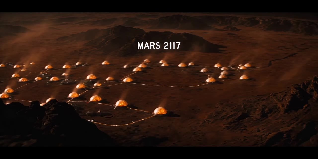 Lit domes of a Mars colony at night